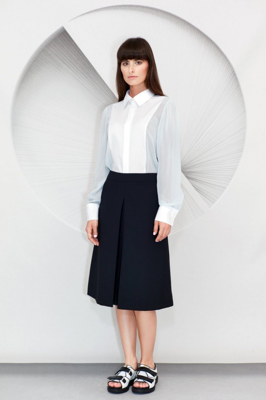 Cotton Viscose Shirt Inverted Front Pleat Midi Skirt