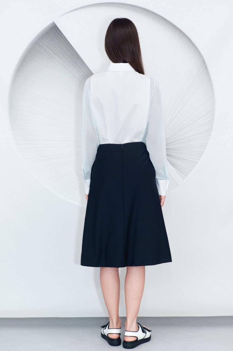 Cotton Viscose Shirt Inverted Front Pleat Midi Skirt